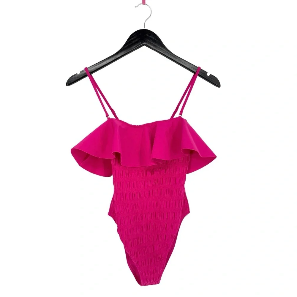 Cleobella NWT Women's XS Amelia Smocked Ruffle One-Piece Swimsuit Magenta‎ Pink